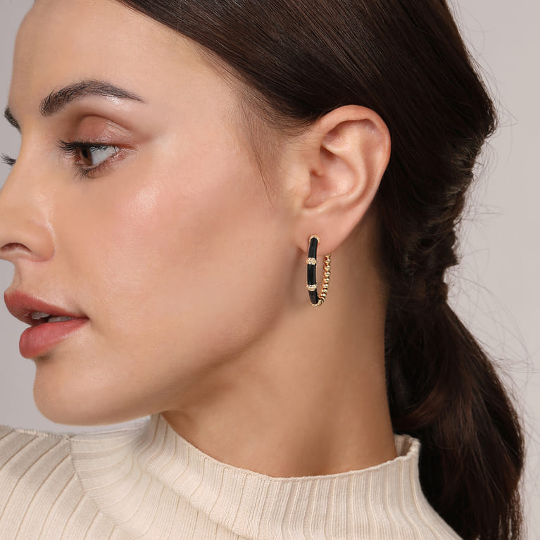 Enamel - 14K Yellow Gold Bujukan Beads and Bar Split Classic Hoop with Black Enamel - Shot 2