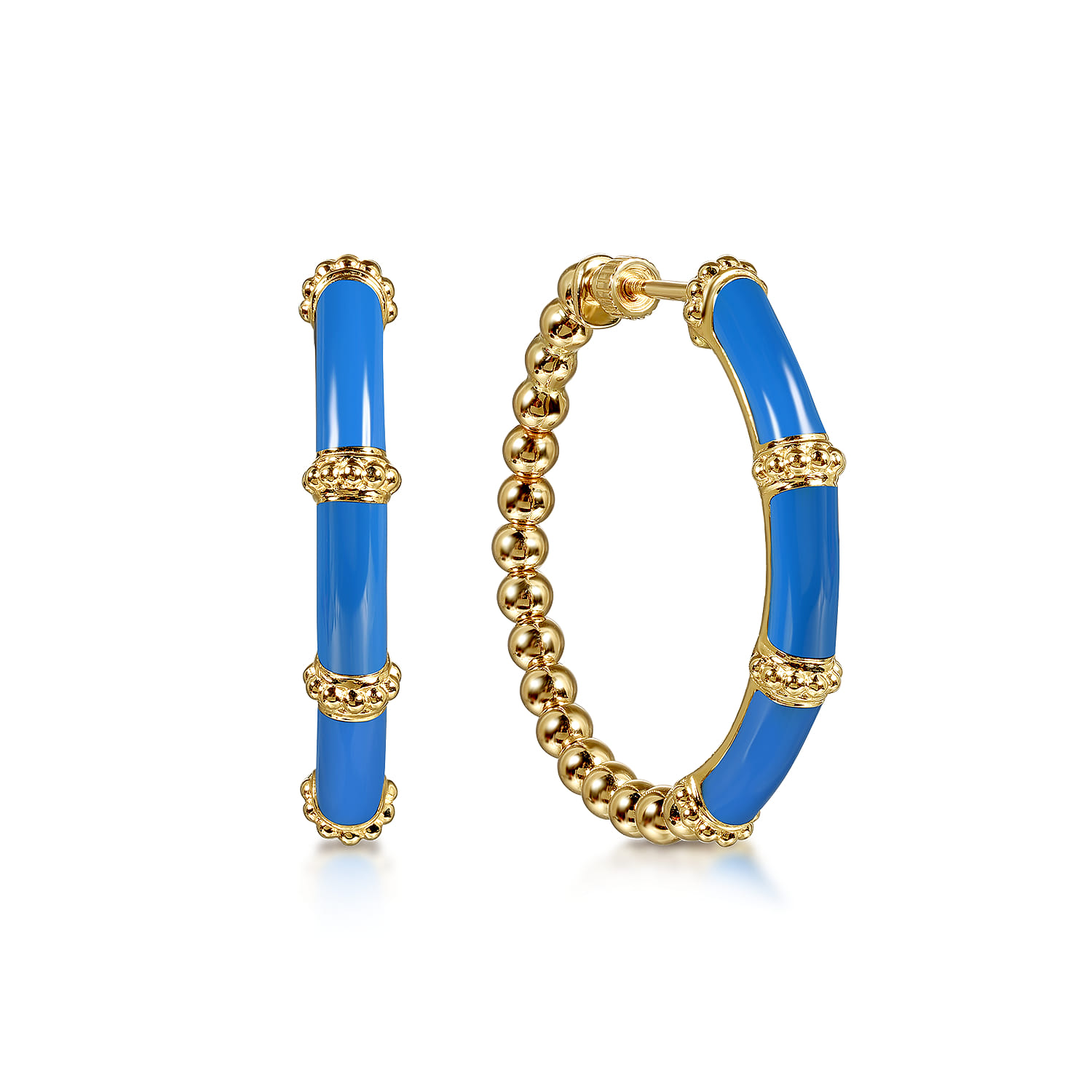 Enamel - 14K Yellow Gold Bujukan Beads and Bar Split Classic Hoop with Blue Enamel - Shot 1