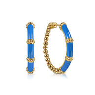 Enamel - 14K Yellow Gold Bujukan Beads and Bar Split Classic Hoop with Blue Enamel