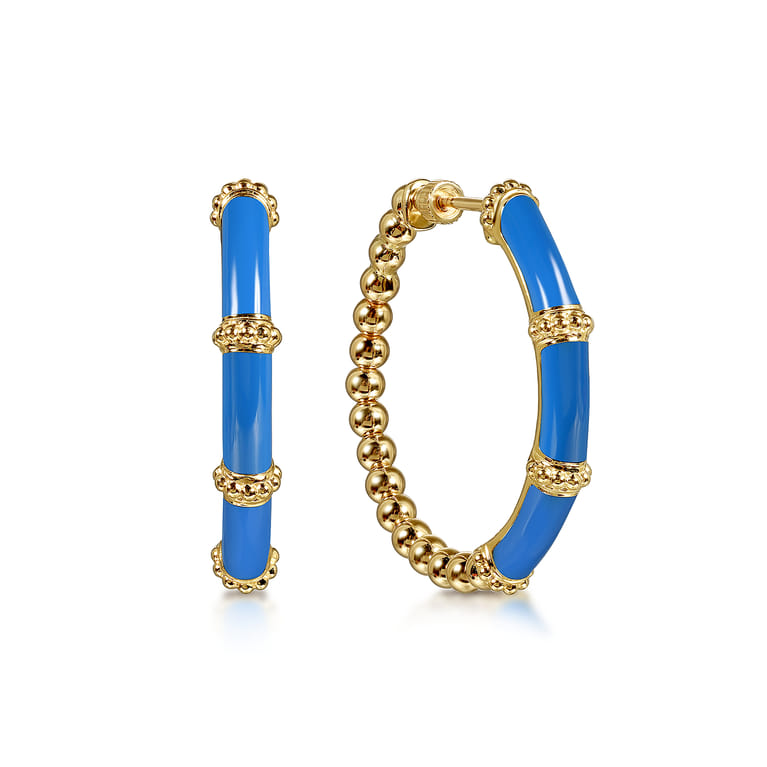 Enamel - 14K Yellow Gold Bujukan Beads and Bar Split Classic Hoop with Blue Enamel - Shot 1