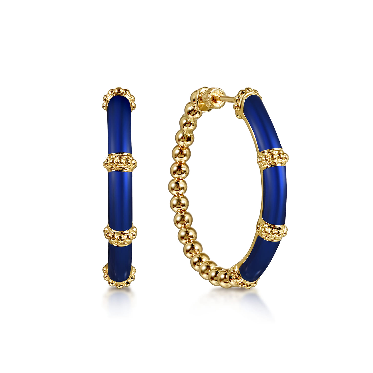 Enamel - 14K Yellow Gold Bujukan Beads and Bar Split Classic Hoop with Chrome Blue Enamel - Shot 1