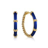 Enamel - 14K Yellow Gold Bujukan Beads and Bar Split Classic Hoop with Chrome Blue Enamel