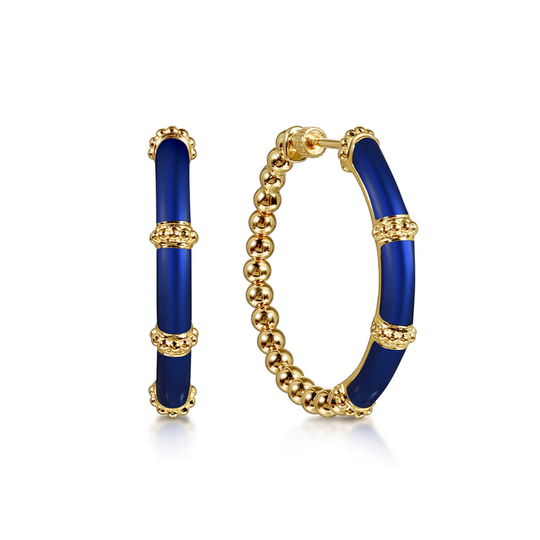 Enamel - 14K Yellow Gold Bujukan Beads and Bar Split Classic Hoop with Chrome Blue Enamel - Shot 1
