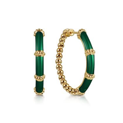 Enamel - 14K Yellow Gold Bujukan Beads and Bar Split Classic Hoop with Chrome Green Enamel