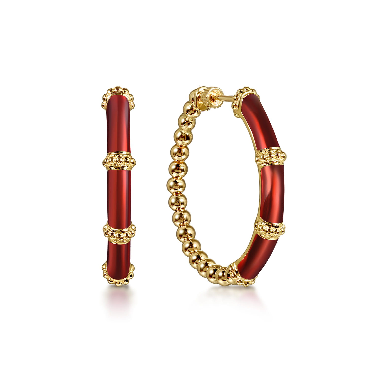 Enamel - 14K Yellow Gold Bujukan Beads and Bar Split Classic Hoop with Chrome Red Enamel - Shot 1