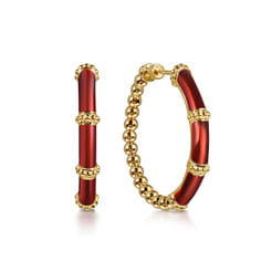 Enamel - 14K Yellow Gold Bujukan Beads and Bar Split Classic Hoop with Chrome Red Enamel