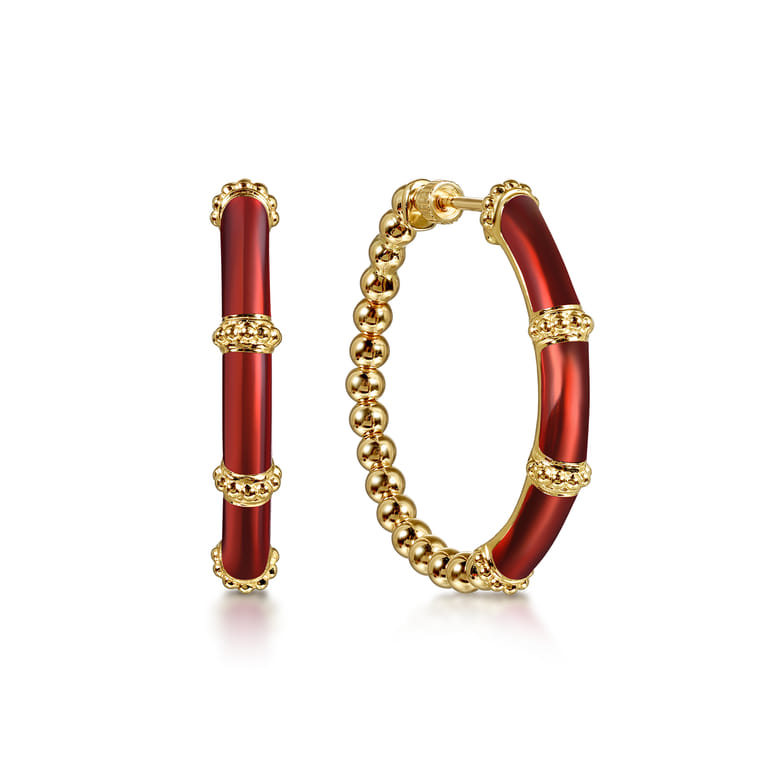 Enamel - 14K Yellow Gold Bujukan Beads and Bar Split Classic Hoop with Chrome Red Enamel - Shot 1