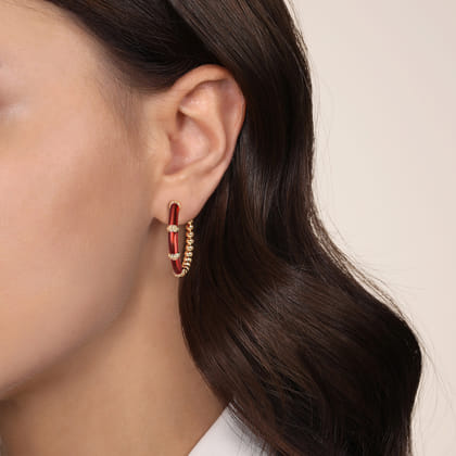 Enamel - 14K Yellow Gold Bujukan Beads and Bar Split Classic Hoop with Chrome Red Enamel