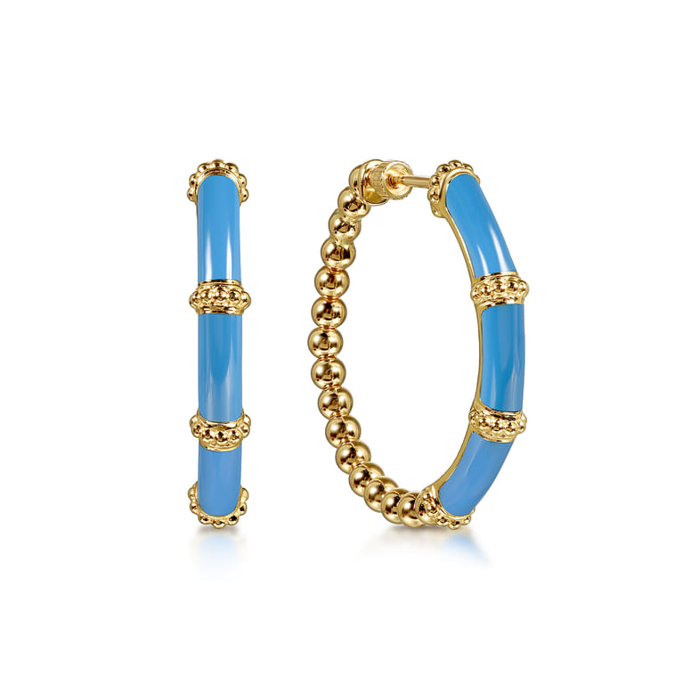 Enamel - 14K Yellow Gold Bujukan Beads and Bar Split Classic Hoop with Dusk Blue Enamel - Shot 1