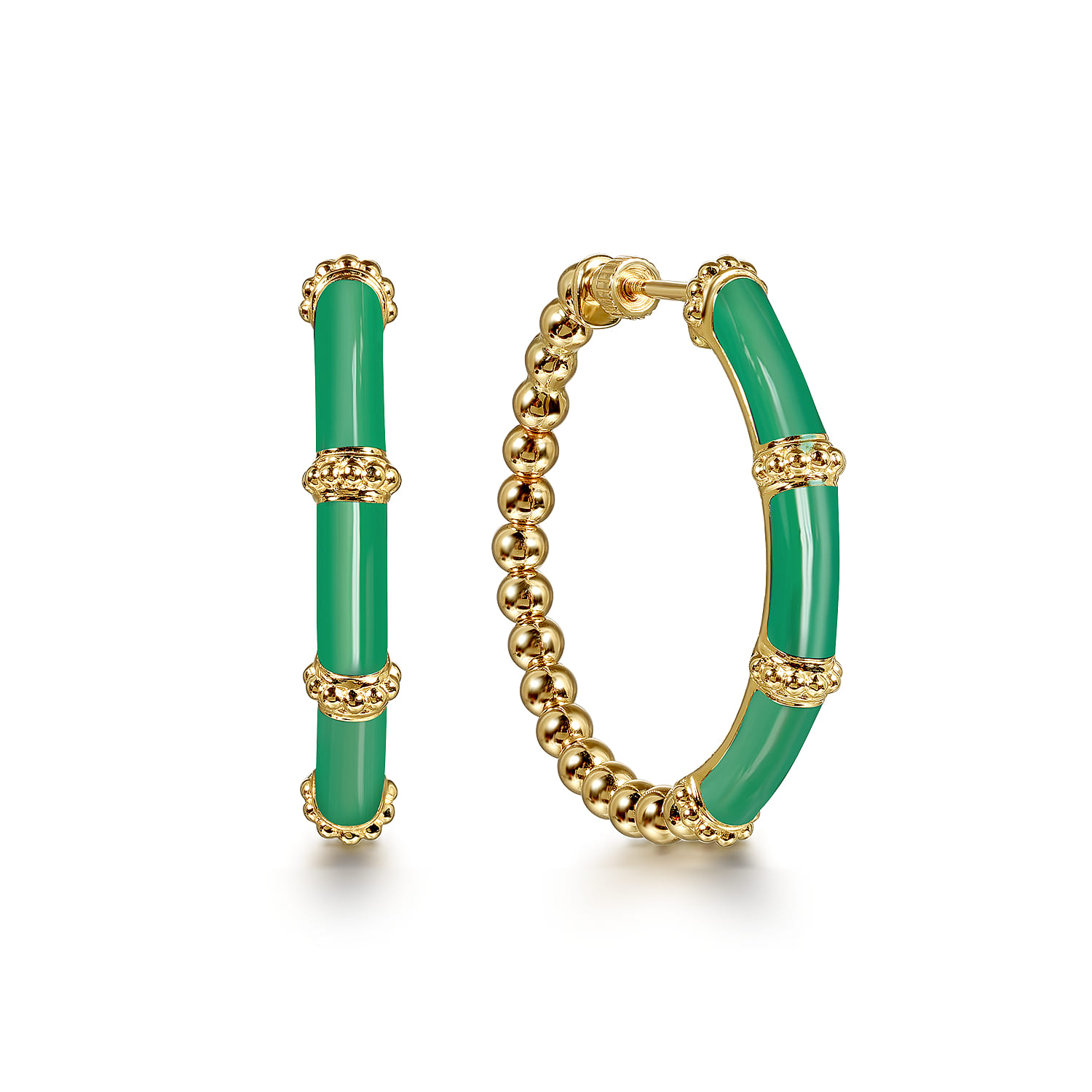 Enamel - 14K Yellow Gold Bujukan Beads and Bar Split Classic Hoop with Emerald Green Enamel - Shot 1