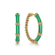 Enamel - 14K Yellow Gold Bujukan Beads and Bar Split Classic Hoop with Emerald Green Enamel