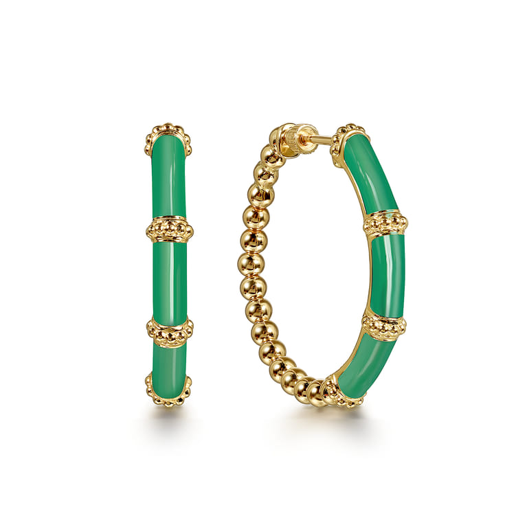 Enamel - 14K Yellow Gold Bujukan Beads and Bar Split Classic Hoop with Emerald Green Enamel - Shot 1