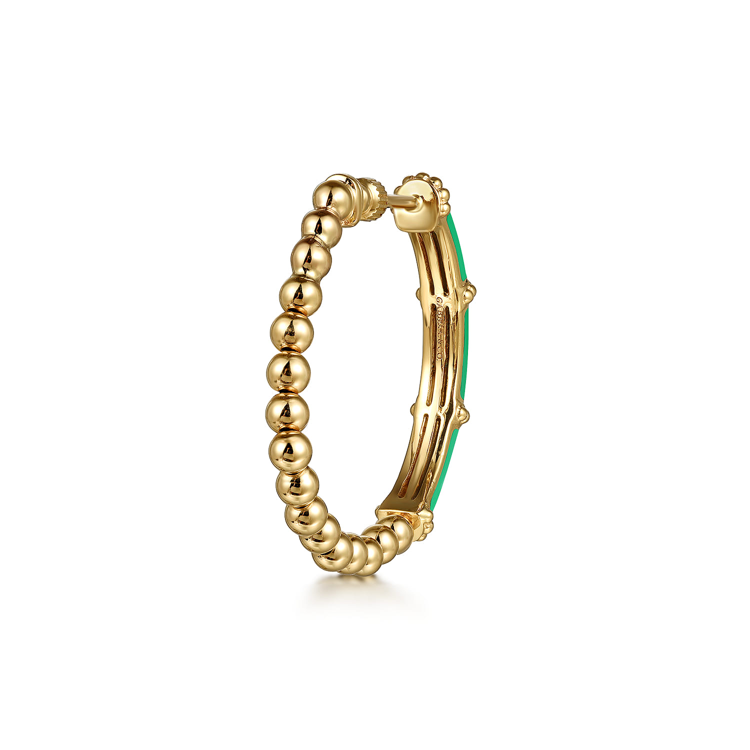 Enamel - 14K Yellow Gold Bujukan Beads and Bar Split Classic Hoop with Emerald Green Enamel - Shot 2