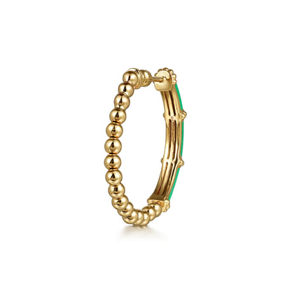 Enamel - 14K Yellow Gold Bujukan Beads and Bar Split Classic Hoop with Emerald Green Enamel