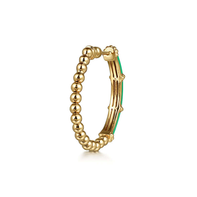 Enamel - 14K Yellow Gold Bujukan Beads and Bar Split Classic Hoop with Emerald Green Enamel - Shot 2