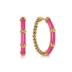 14K Yellow Gold Bujukan Beads and Bar Split Classic Hoop with Fuchsia Enamel