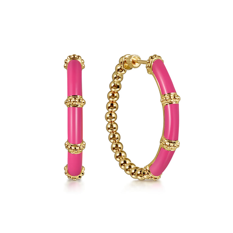 Enamel - 14K Yellow Gold Bujukan Beads and Bar Split Classic Hoop with Fuchsia Enamel - Shot 1