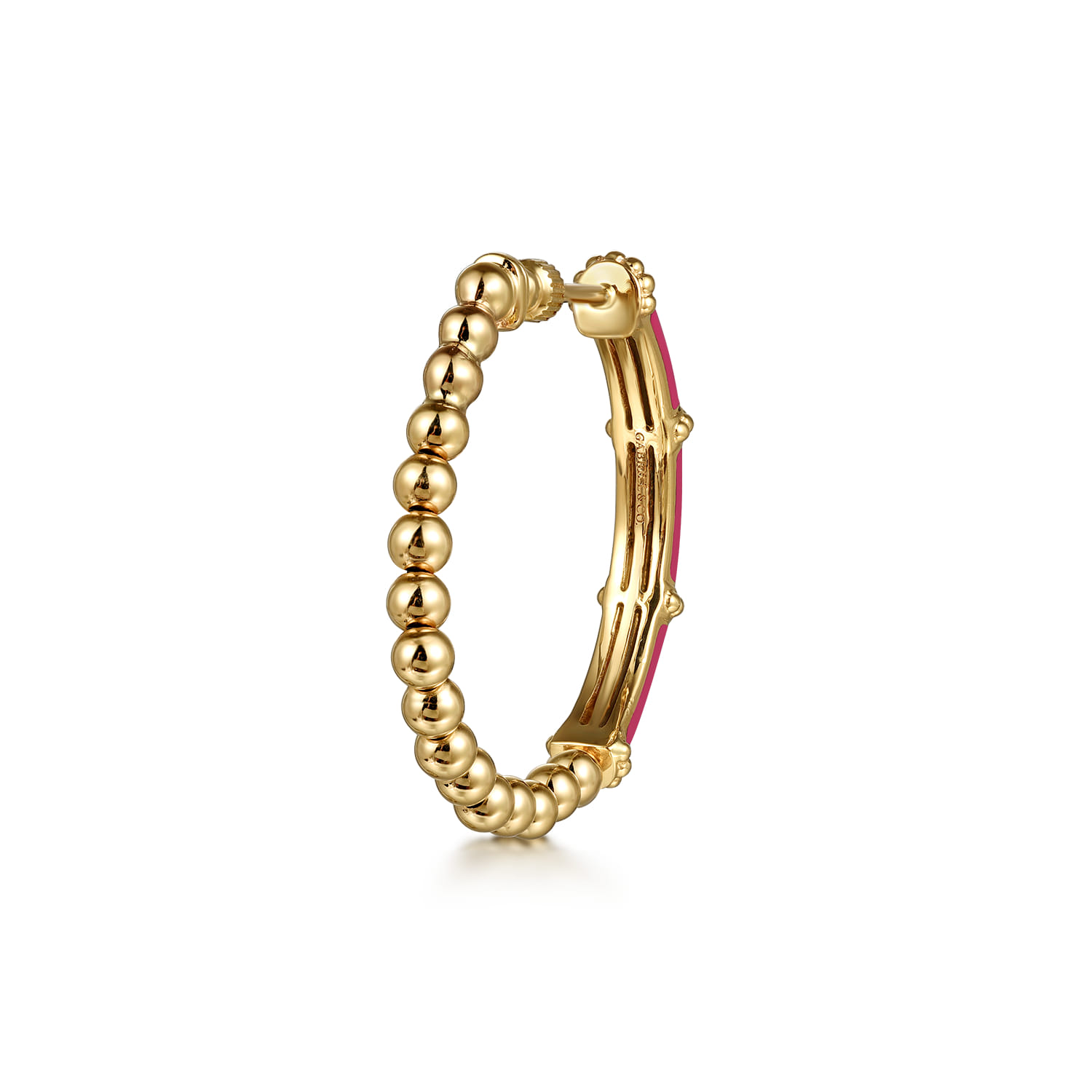 Enamel - 14K Yellow Gold Bujukan Beads and Bar Split Classic Hoop with Fuchsia Enamel - Shot 2