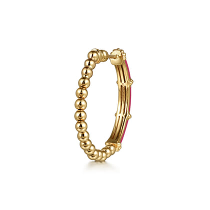 Enamel - 14K Yellow Gold Bujukan Beads and Bar Split Classic Hoop with Fuchsia Enamel