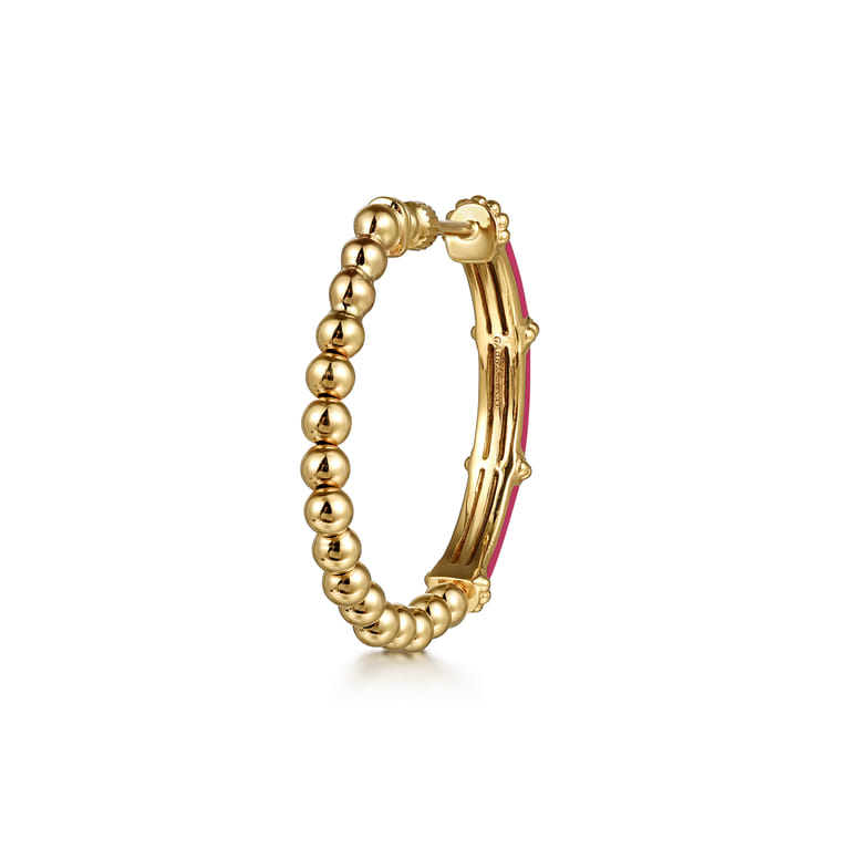 Enamel - 14K Yellow Gold Bujukan Beads and Bar Split Classic Hoop with Fuchsia Enamel - Shot 2
