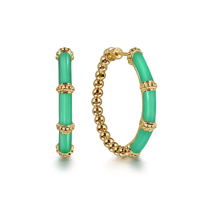 Enamel - 14K Yellow Gold Bujukan Beads and Bar Split Classic Hoop with Mint Green Enamel