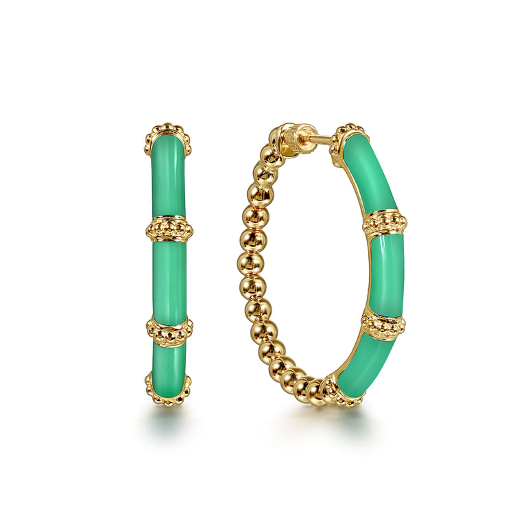 Enamel - 14K Yellow Gold Bujukan Beads and Bar Split Classic Hoop with Mint Green Enamel - Shot 1