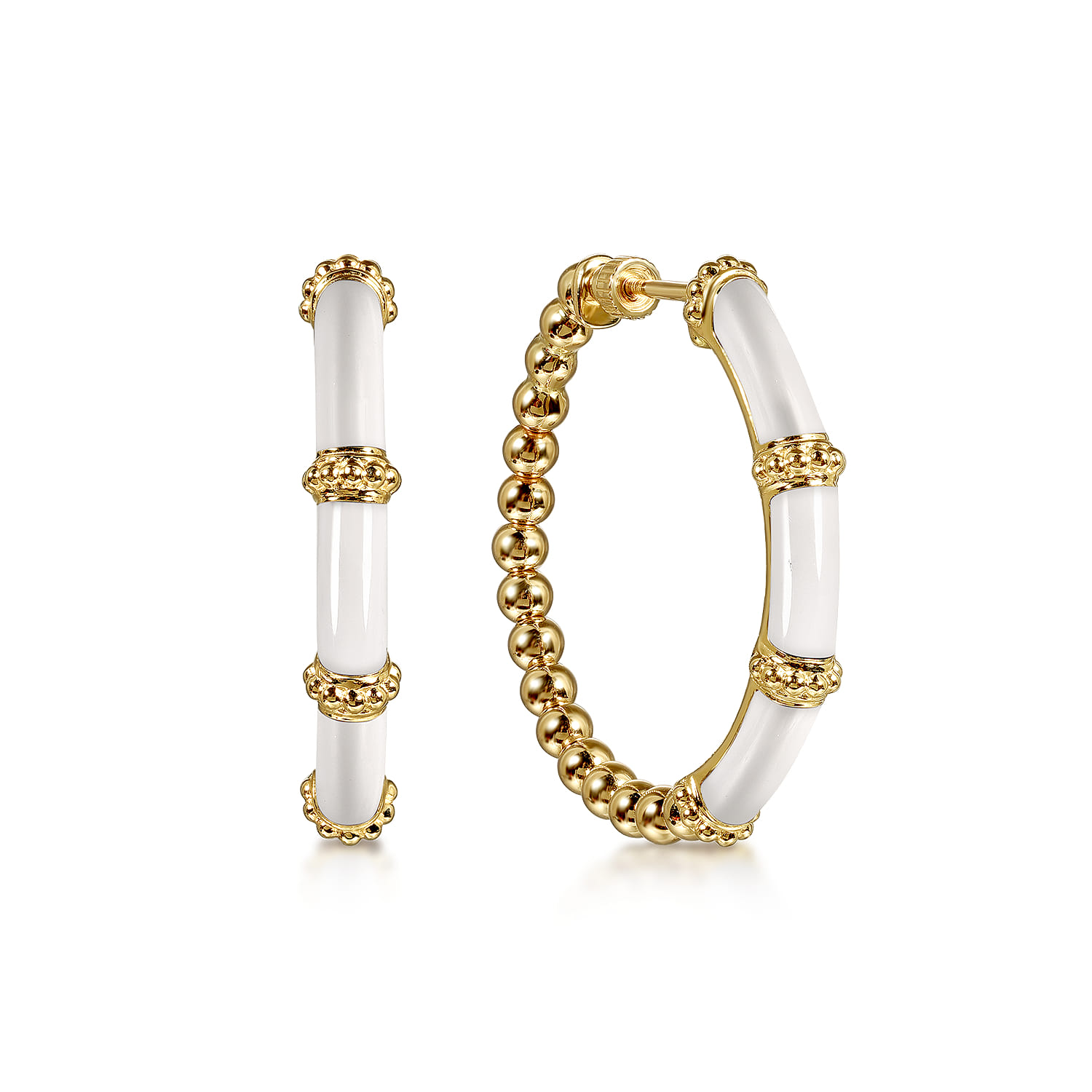 Enamel - 14K Yellow Gold Bujukan Beads and Bar Split Classic Hoop with White Enamel - Shot 1