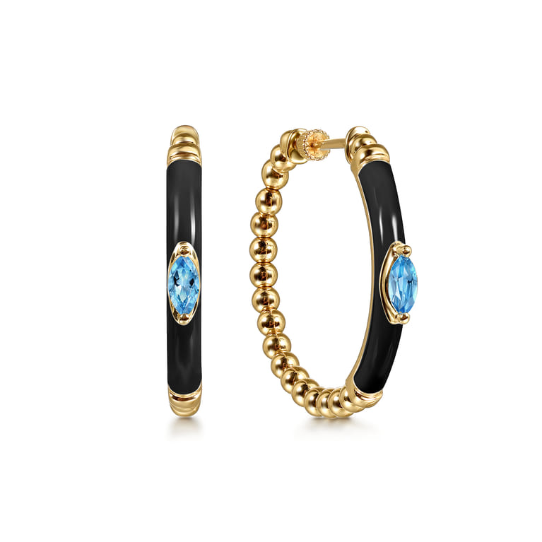 Enamel - 14K Yellow Gold Bujukan Beads and Blue Topaz Classic Hoop Earrings with Black Enamel - Shot 1