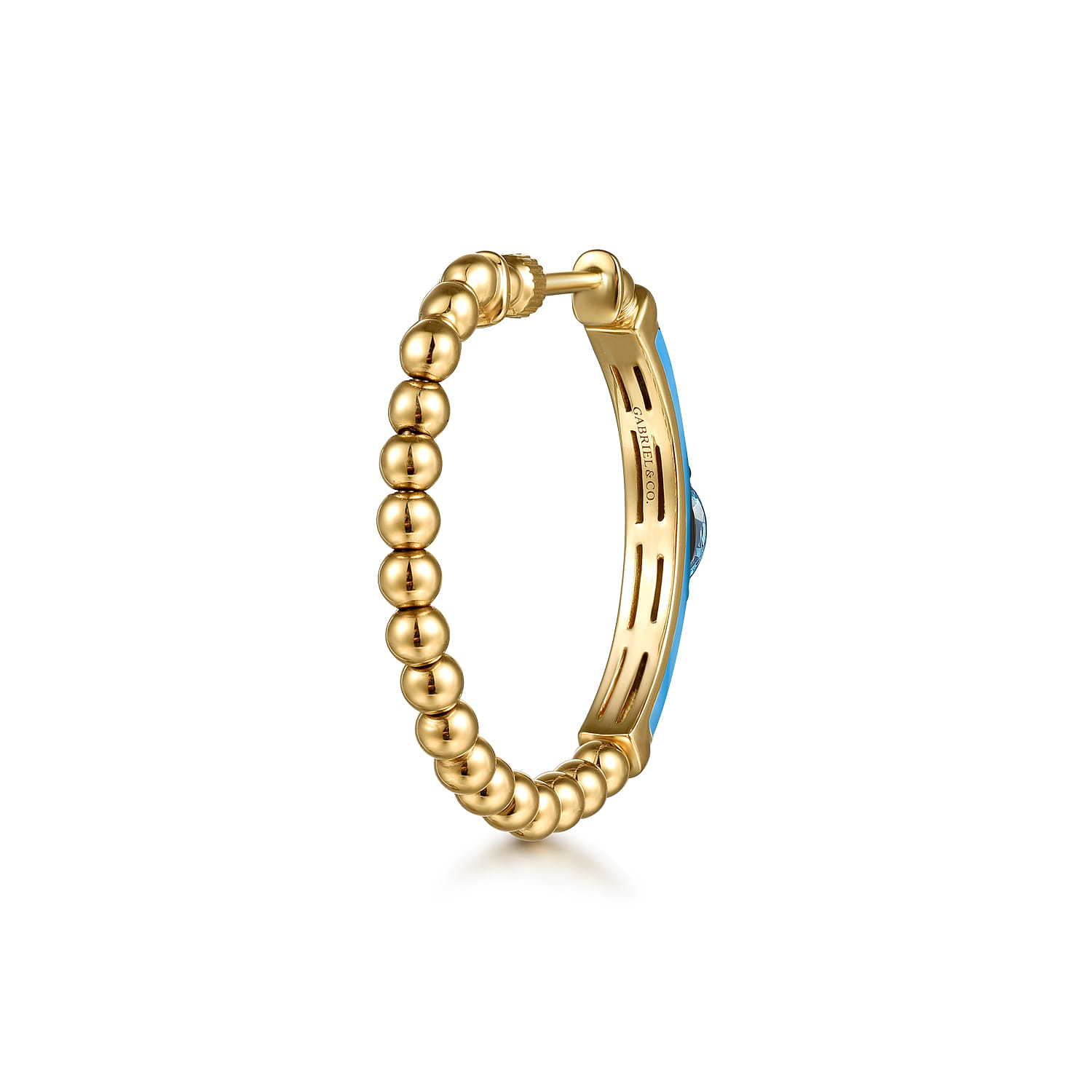 Enamel - 14K Yellow Gold Bujukan Beads and Blue Topaz Classic Hoop Earrings with Black Enamel - Shot 2