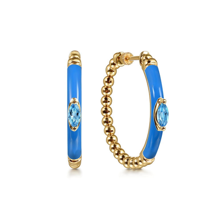 Enamel - 14K Yellow Gold Bujukan Beads and Blue Topaz Classic Hoop Earrings with Blue Enamel - Shot 1