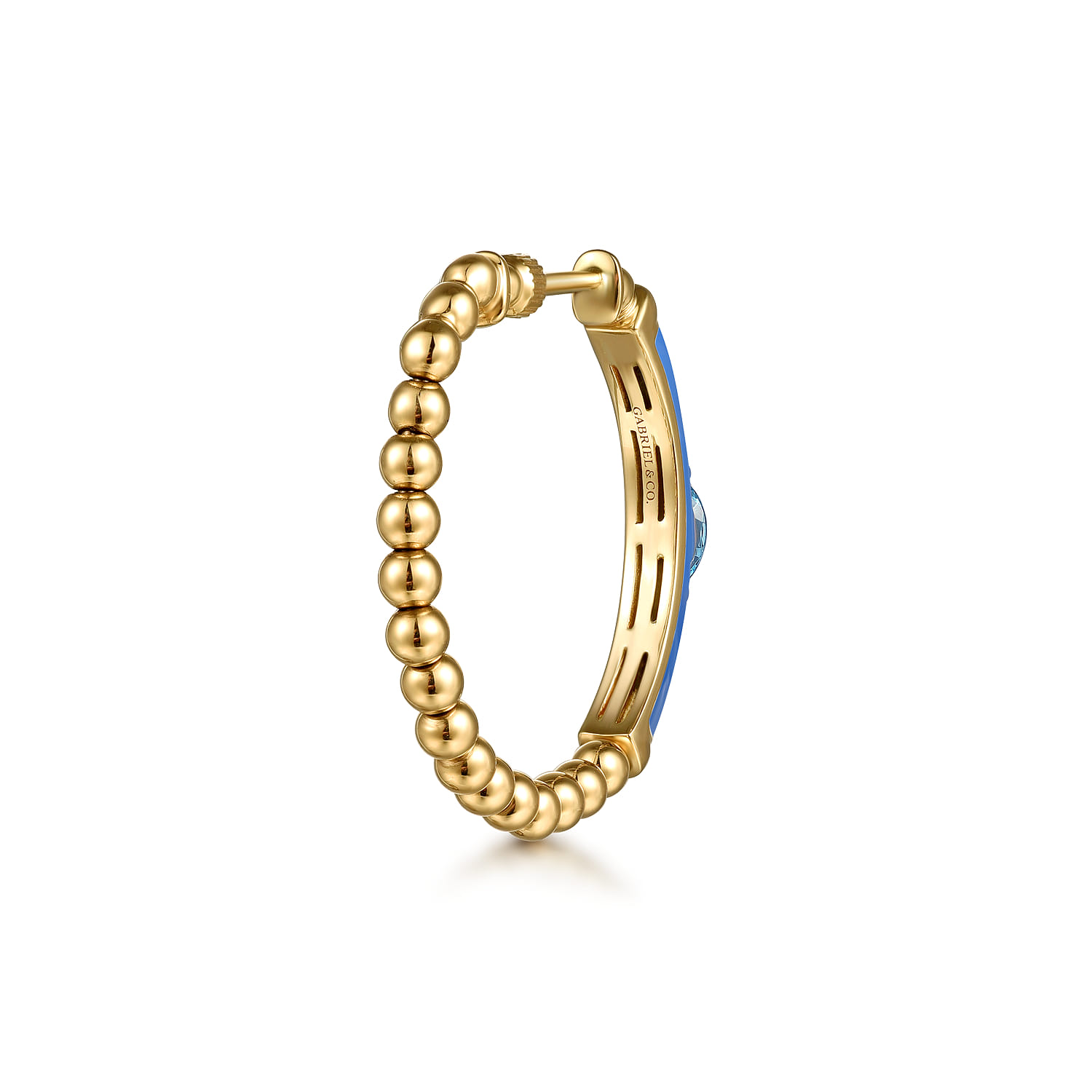 Enamel - 14K Yellow Gold Bujukan Beads and Blue Topaz Classic Hoop Earrings with Blue Enamel - Shot 2
