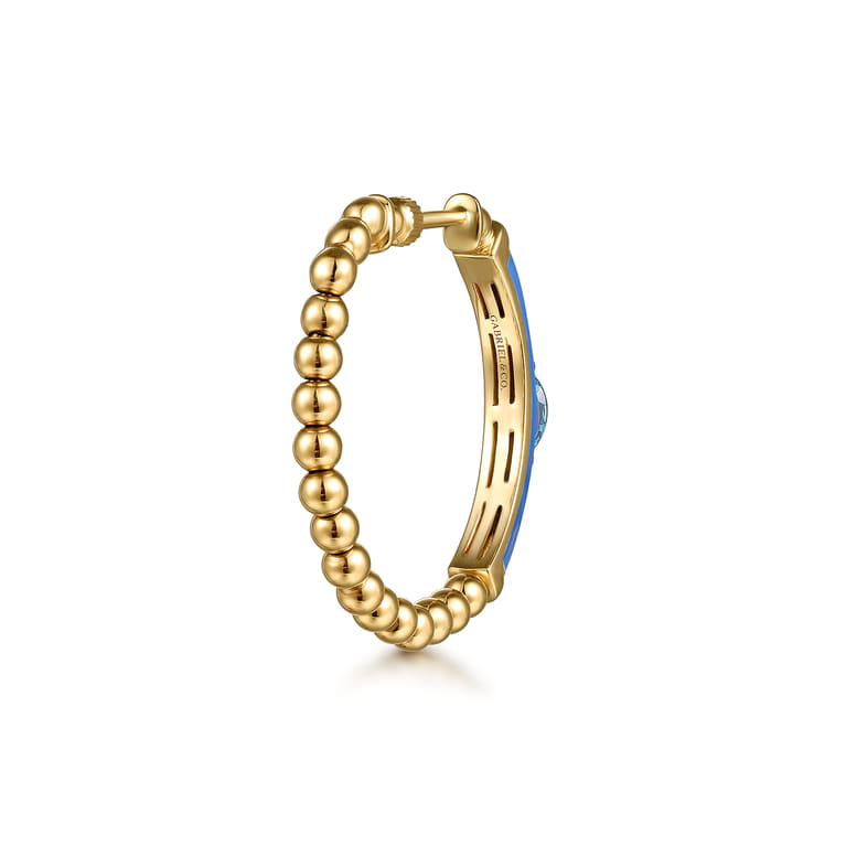 Enamel - 14K Yellow Gold Bujukan Beads and Blue Topaz Classic Hoop Earrings with Blue Enamel - Shot 2
