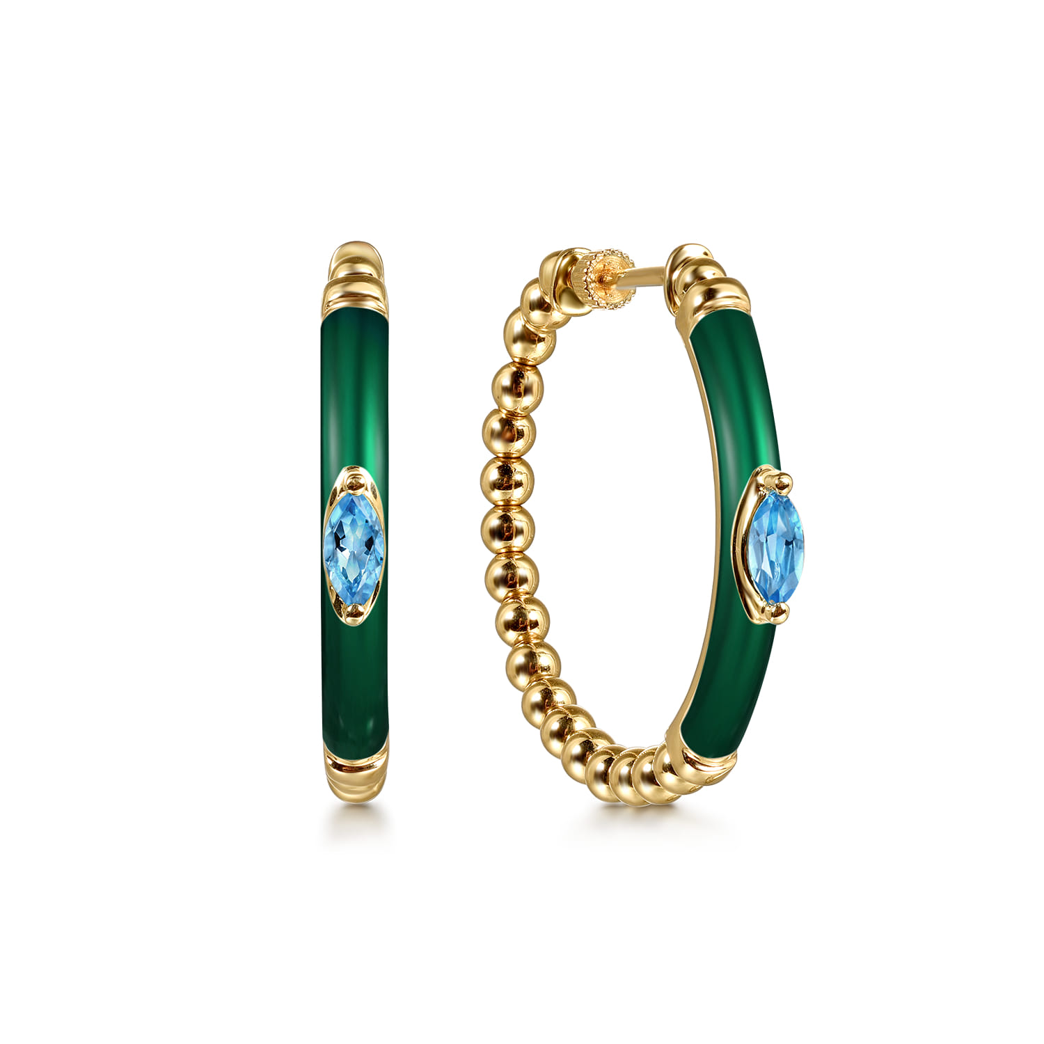 Enamel - 14K Yellow Gold Bujukan Beads and Blue Topaz Classic Hoop Earrings with Chrome Green Enamel - Shot 1