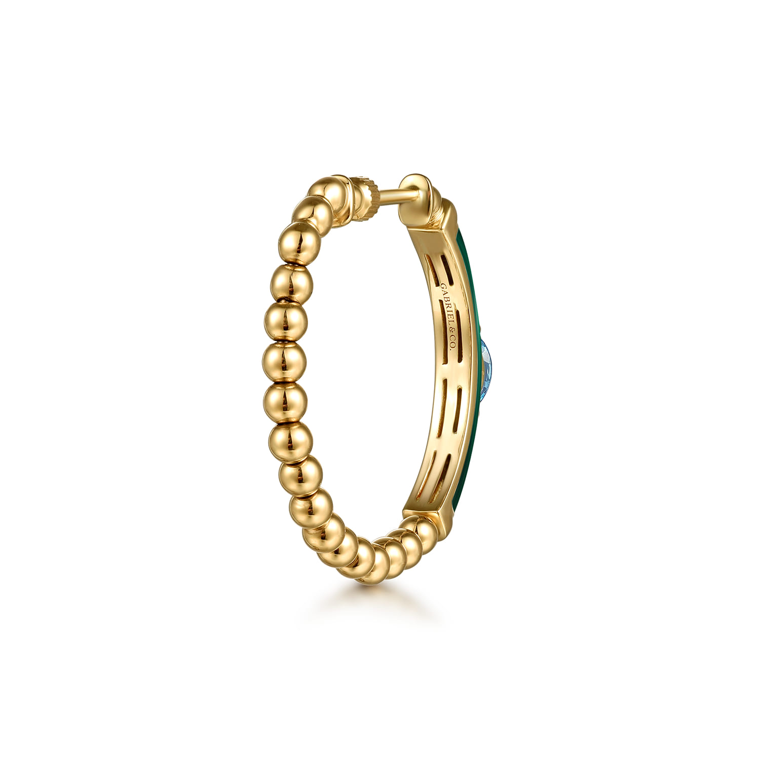 Enamel - 14K Yellow Gold Bujukan Beads and Blue Topaz Classic Hoop Earrings with Chrome Green Enamel - Shot 2