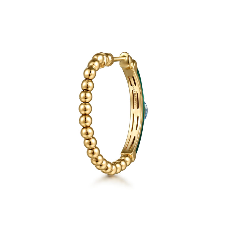 Enamel - 14K Yellow Gold Bujukan Beads and Blue Topaz Classic Hoop Earrings with Chrome Green Enamel - Shot 2