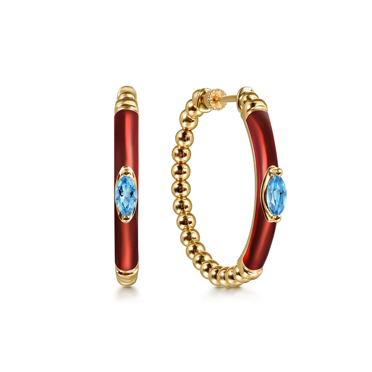Enamel - 14K Yellow Gold Bujukan Beads and Blue Topaz Classic Hoop Earrings with Chrome Red Enamel - Shot 1