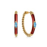 Enamel - 14K Yellow Gold Bujukan Beads and Blue Topaz Classic Hoop Earrings with Chrome Red Enamel
