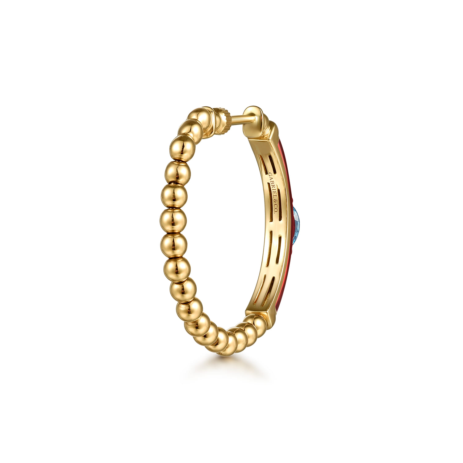 Enamel - 14K Yellow Gold Bujukan Beads and Blue Topaz Classic Hoop Earrings with Chrome Red Enamel - Shot 2