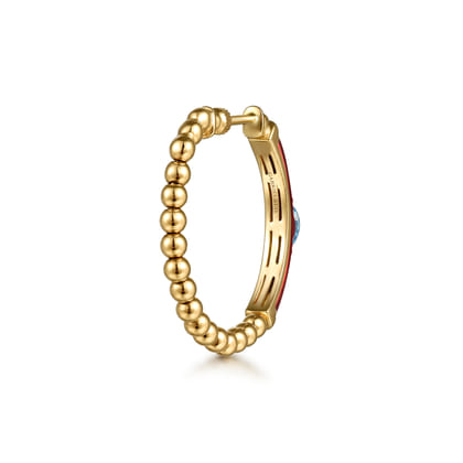 Enamel - 14K Yellow Gold Bujukan Beads and Blue Topaz Classic Hoop Earrings with Chrome Red Enamel
