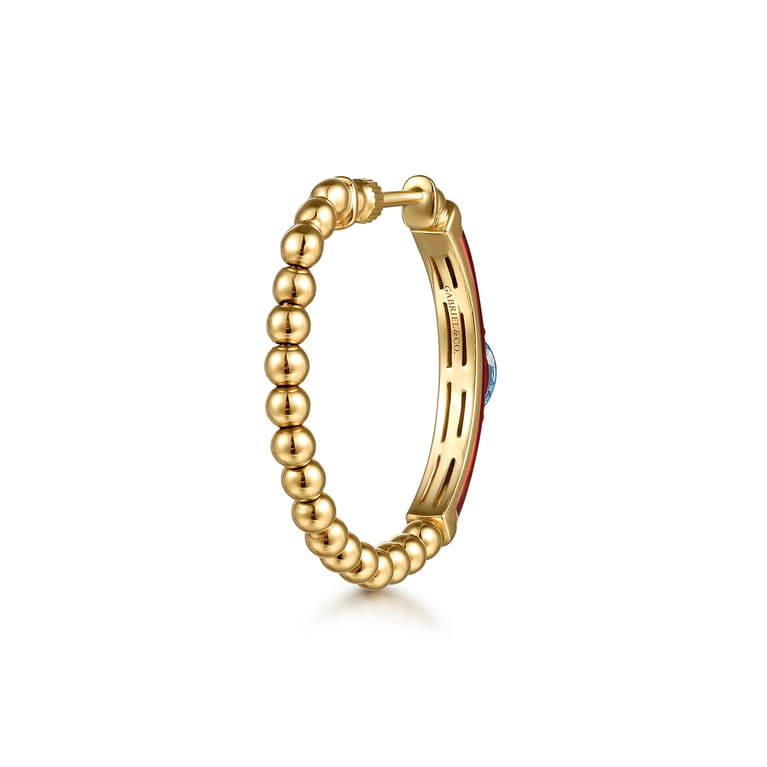 Enamel - 14K Yellow Gold Bujukan Beads and Blue Topaz Classic Hoop Earrings with Chrome Red Enamel - Shot 2