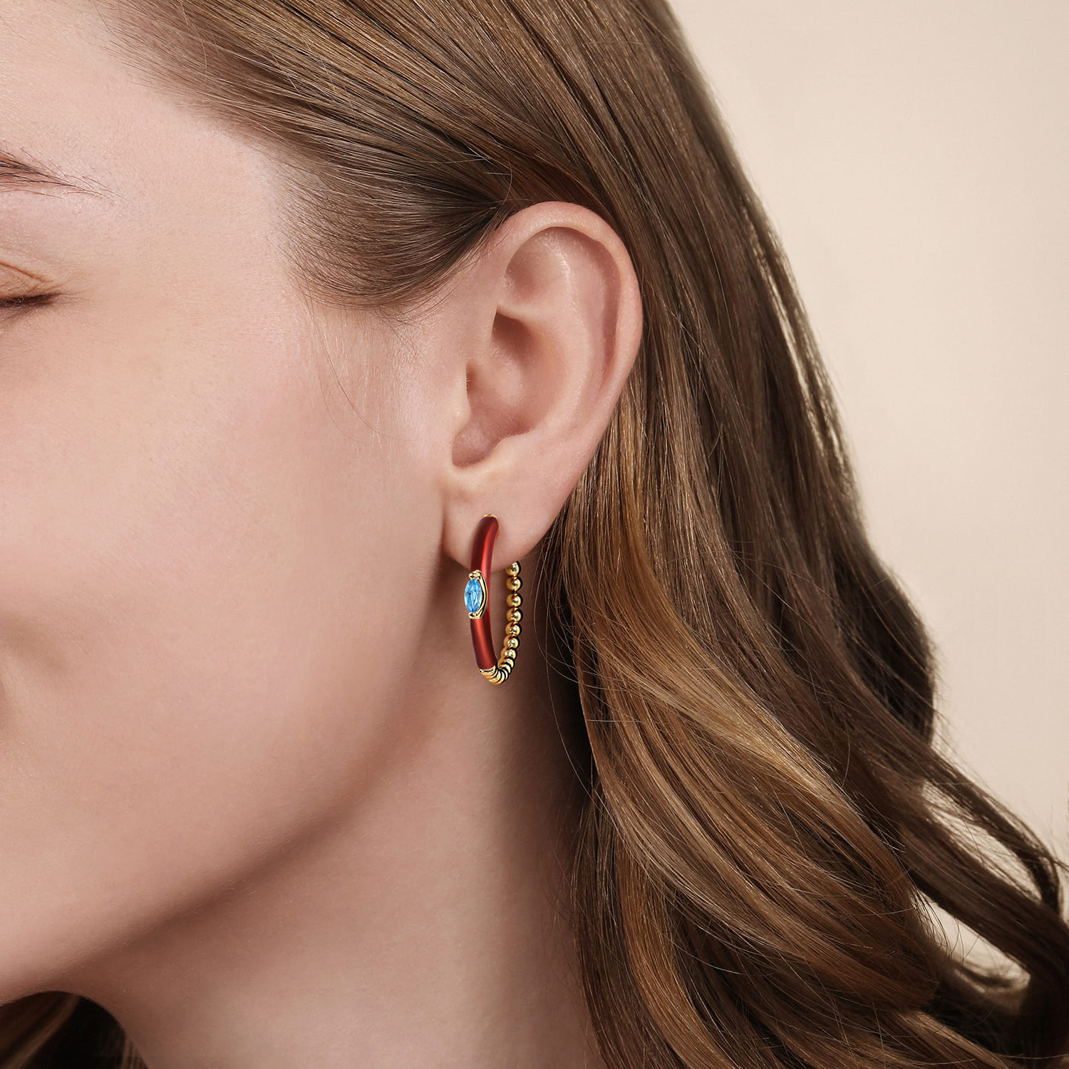 Enamel - 14K Yellow Gold Bujukan Beads and Blue Topaz Classic Hoop Earrings with Chrome Red Enamel - Shot 3