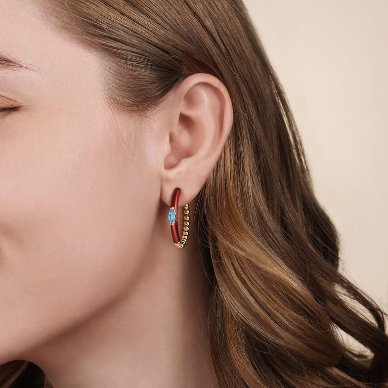 Enamel - 14K Yellow Gold Bujukan Beads and Blue Topaz Classic Hoop Earrings with Chrome Red Enamel - Shot 3