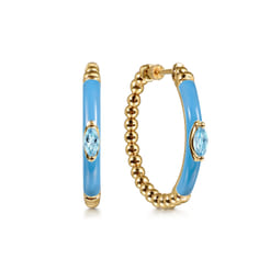 Enamel - 14K Yellow Gold Bujukan Beads and Blue Topaz Classic Hoop Earrings with Dusk Blue Enamel