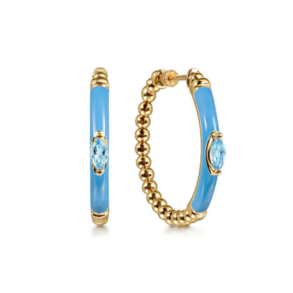 Enamel - 14K Yellow Gold Bujukan Beads and Blue Topaz Classic Hoop Earrings with Dusk Blue Enamel
