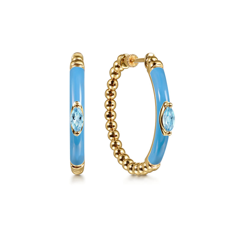 Enamel - 14K Yellow Gold Bujukan Beads and Blue Topaz Classic Hoop Earrings with Dusk Blue Enamel - Shot 1