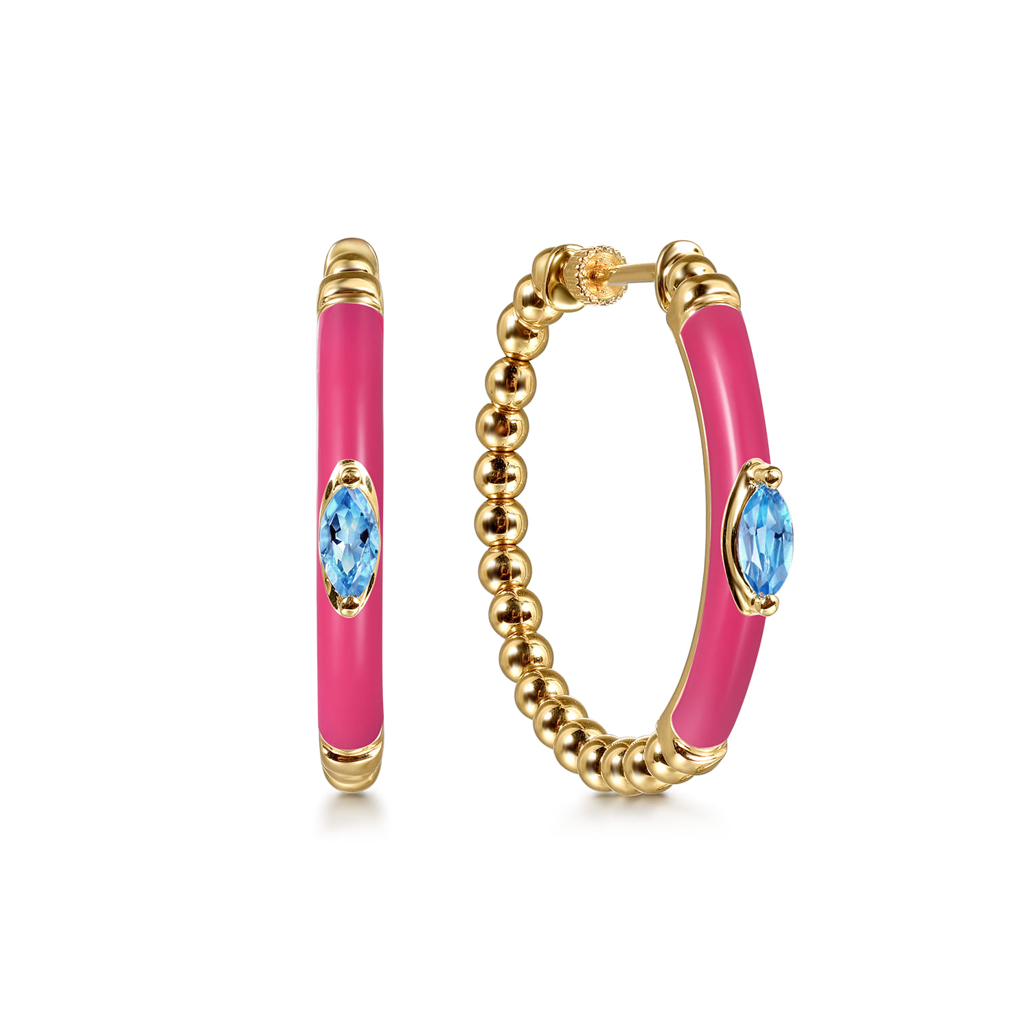 Enamel - 14K Yellow Gold Bujukan Beads and Blue Topaz Classic Hoop Earrings with Fuchsia Enamel - Shot 1