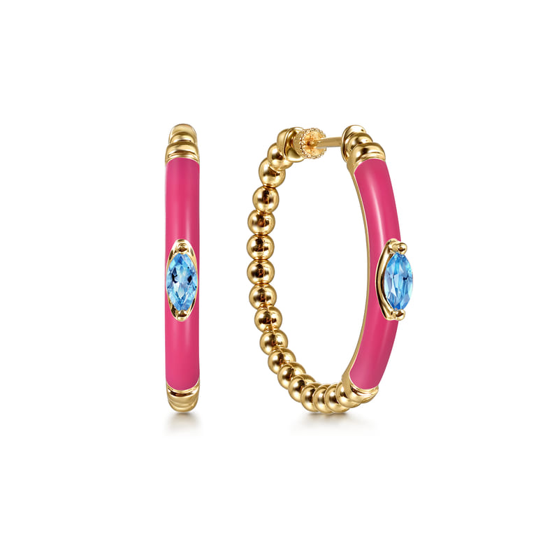 Enamel - 14K Yellow Gold Bujukan Beads and Blue Topaz Classic Hoop Earrings with Fuchsia Enamel - Shot 1