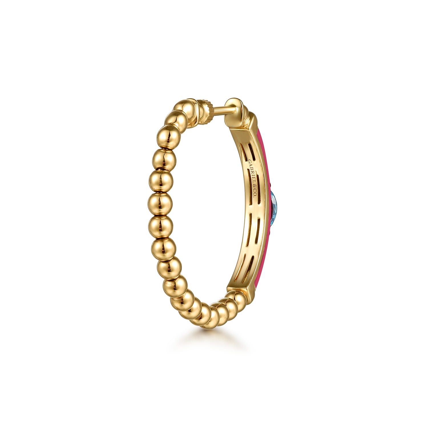 Enamel - 14K Yellow Gold Bujukan Beads and Blue Topaz Classic Hoop Earrings with Fuchsia Enamel - Shot 2