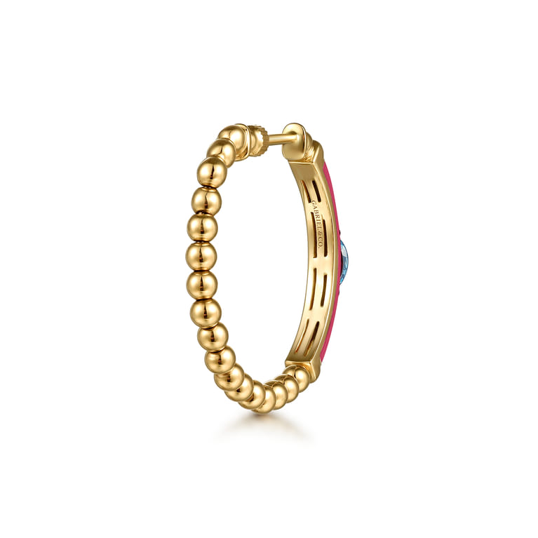 Enamel - 14K Yellow Gold Bujukan Beads and Blue Topaz Classic Hoop Earrings with Fuchsia Enamel - Shot 2