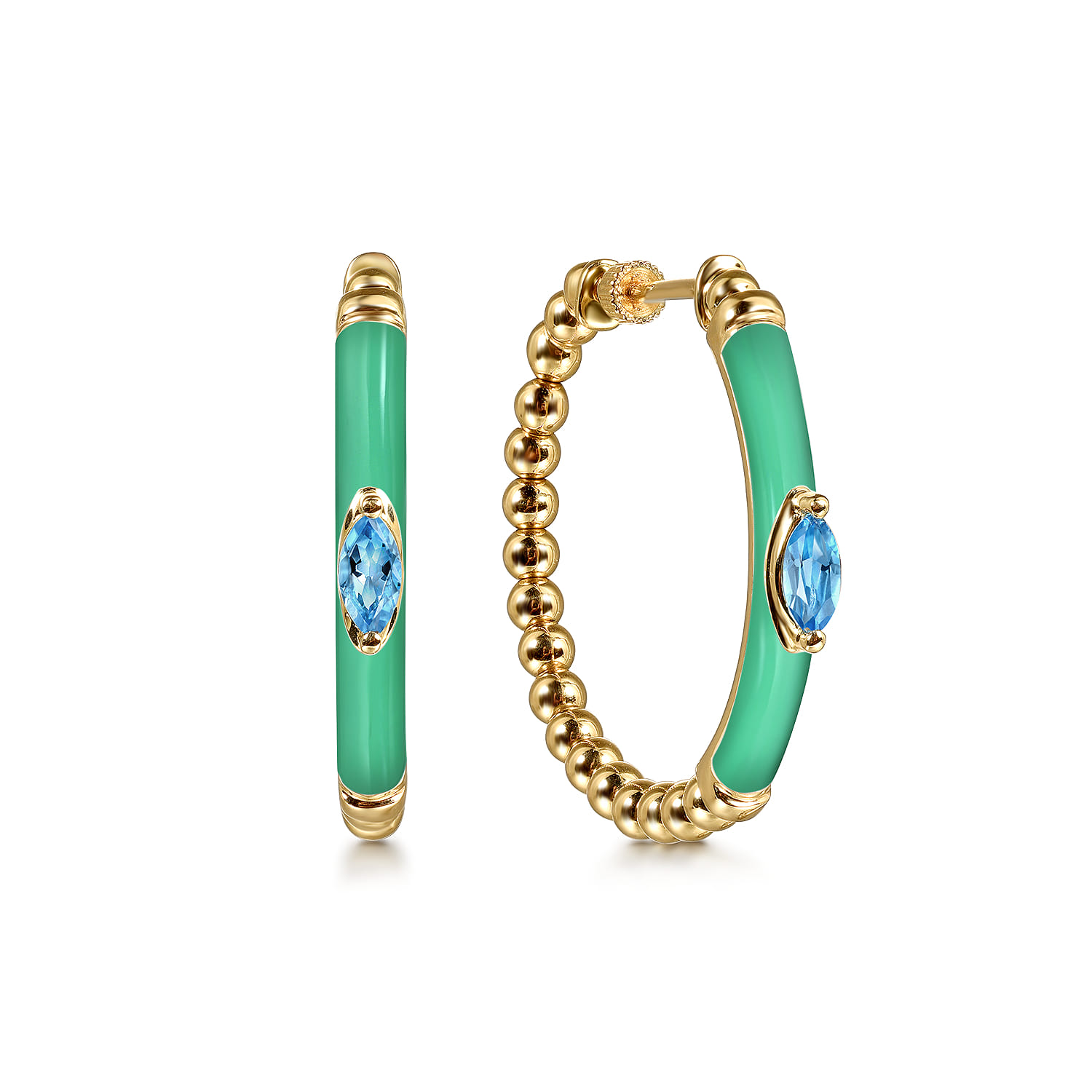 Enamel - 14K Yellow Gold Bujukan Beads and Blue Topaz Classic Hoop Earrings with Mint Green Enamel - Shot 1